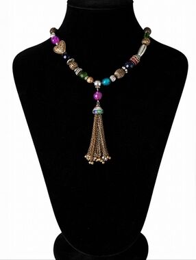 𝅺Chico’s Boho Luxe Multicolor Beaded Tassel Necklace Adjustable Statement